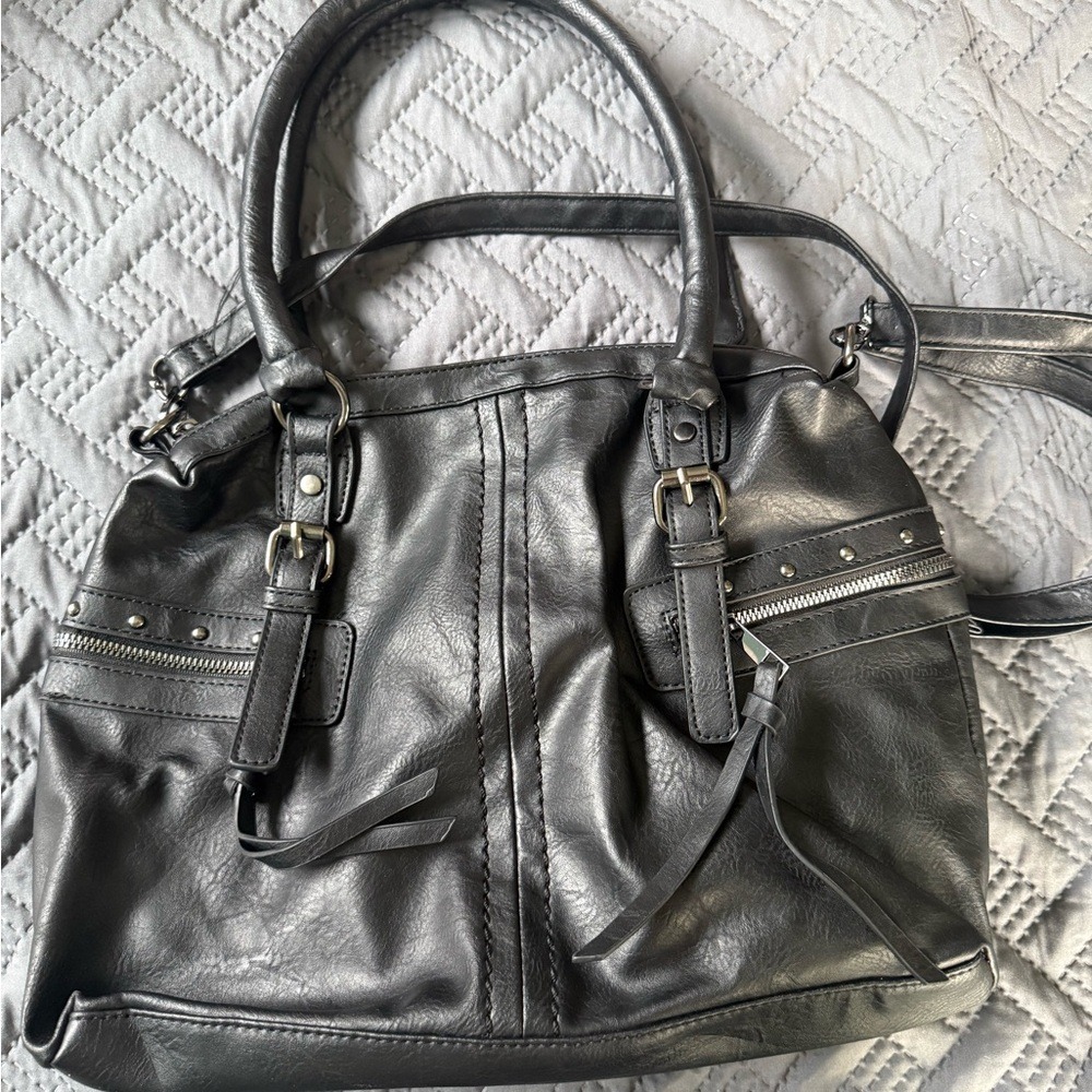 Sam & Hadley Black Faux Leather Studded Zip Satchel Crossbody‎ Bag